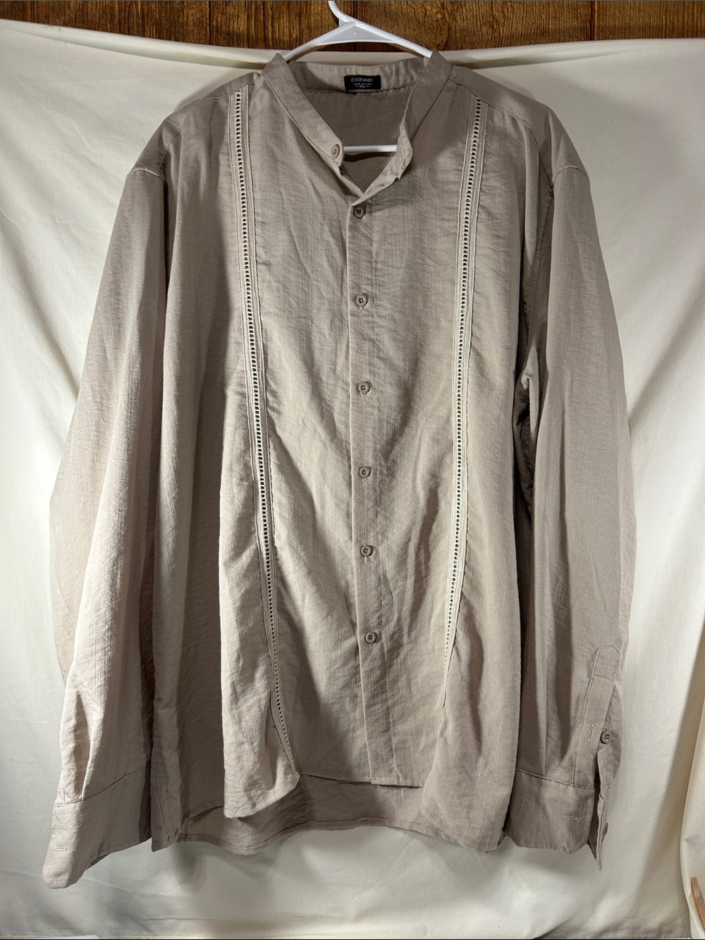 Coofandy Men’s Neutral Beige Button-Up Shirt with Decorative Trim